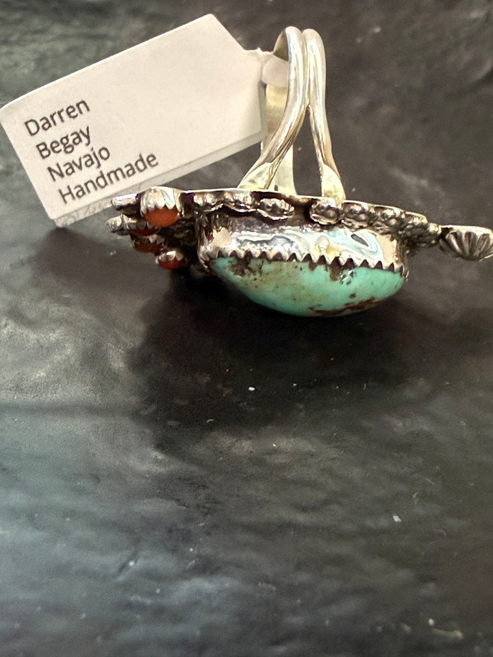 Darren Begay Navajo Handmade Mine 8 Turquoise and Coral Sterling Silver Ring - Size 7.5