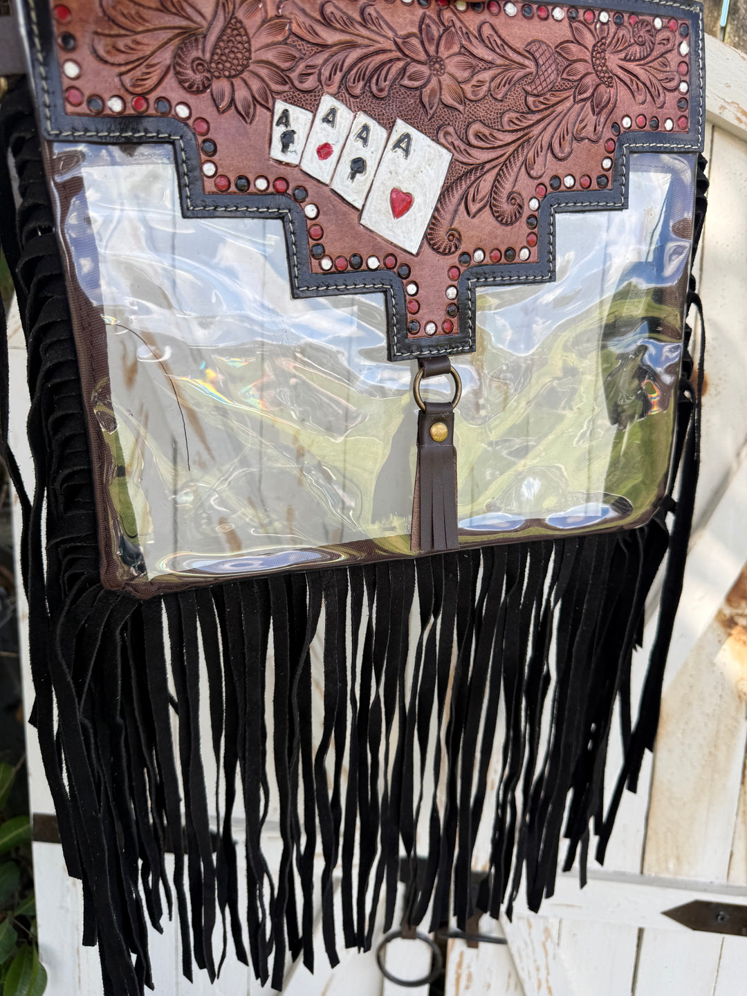 Royal Flush Clear Stadium Crossbody | Tooled Leather Fringe Stadium Bag