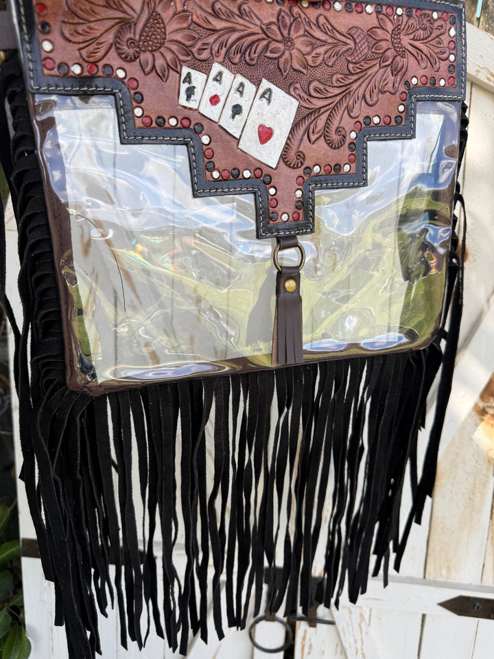 Royal Flush Clear Stadium Crossbody | Tooled Leather Fringe Stadium Bag