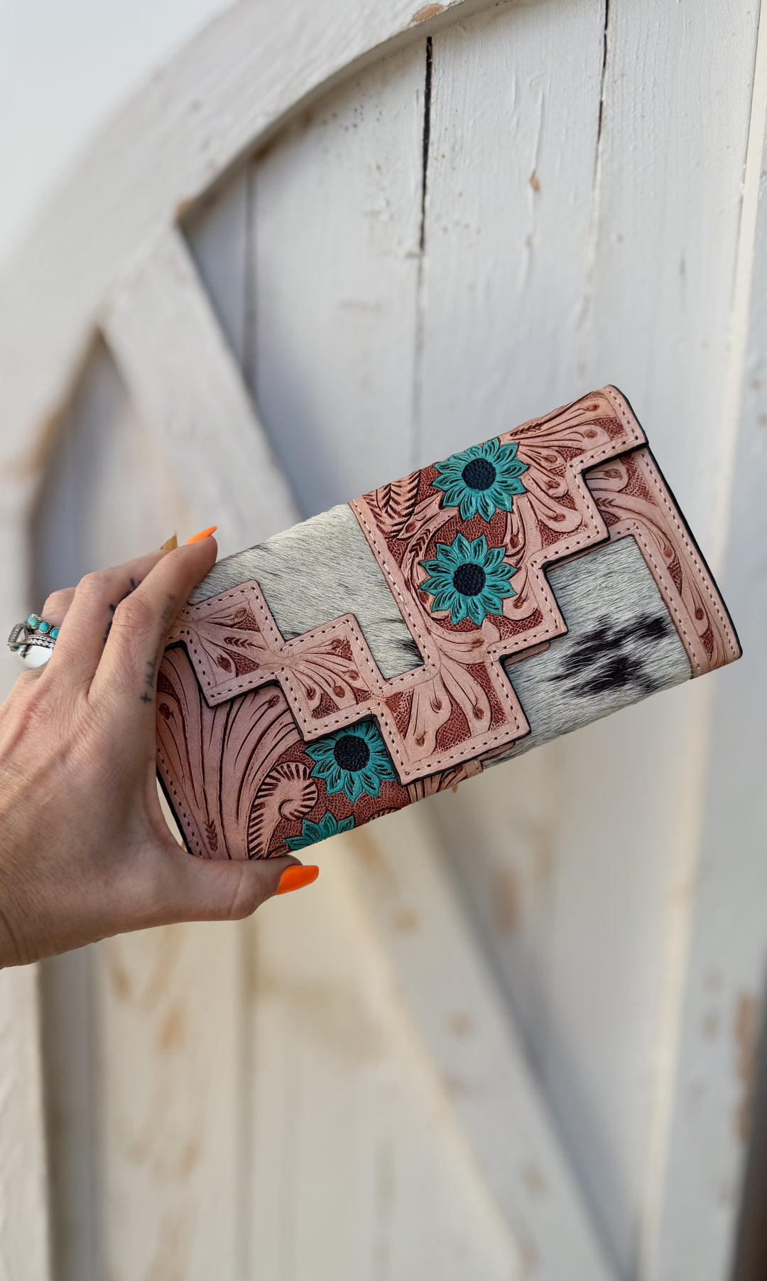 Turquoise Bloom Cowhide Wallet | Tooled Leather Western Wallet