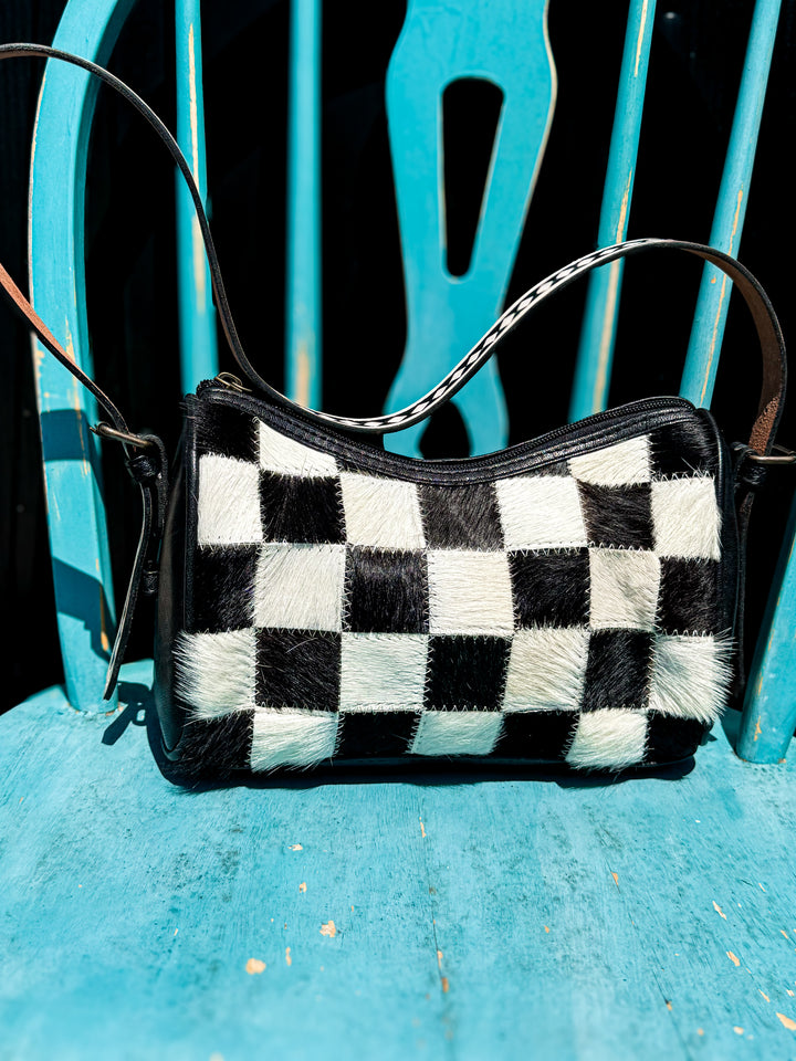 Speed Check Hideaway | Black and White Cowhide Patchwork & Leather Shoulder Bag