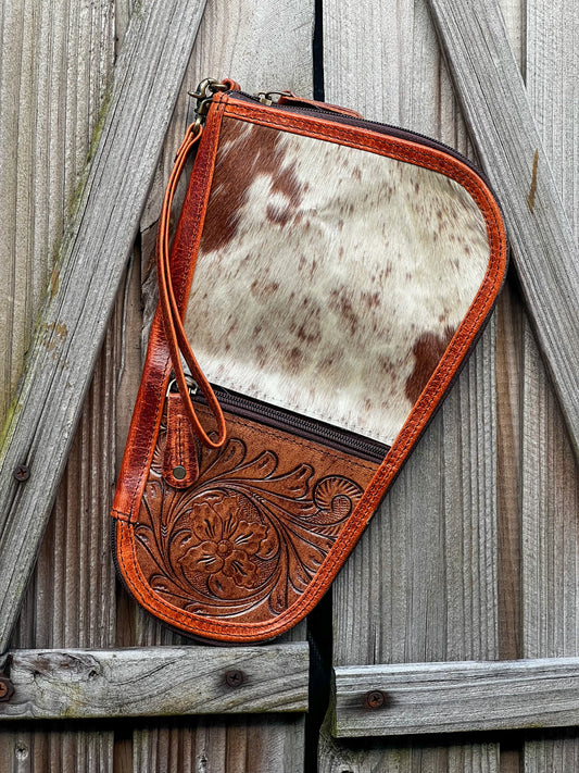 Tooled leather and cowhide zipper handgun case