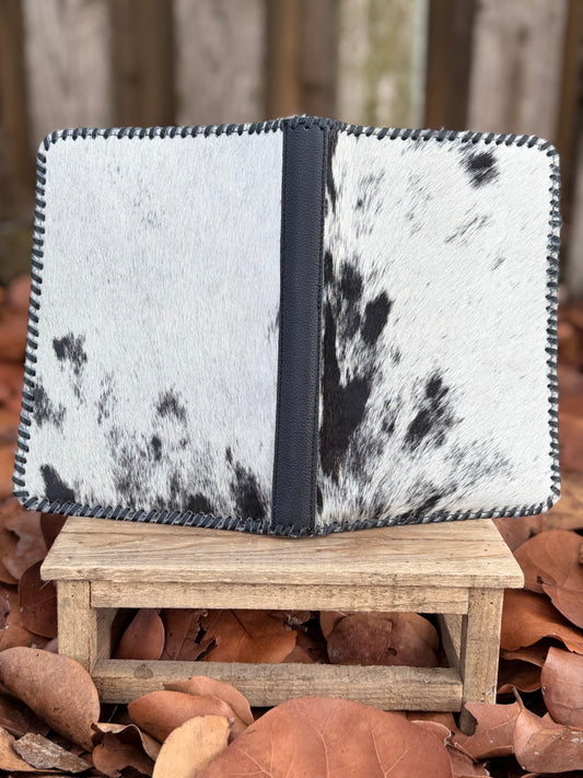 Black Leather & Cowhide Bible Cover – Handmade Western Book Sleeve for Large Bibles & Journals