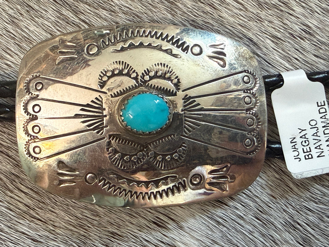 Navajo Sterling Silver Concho Bolo Tie – Kingman Turquoise – Signed Joan Begay
