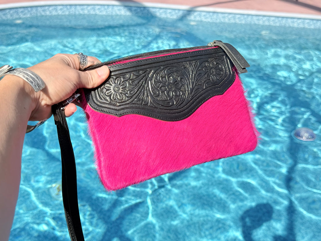 Hot Pink Cowhide Tooled Leather Wristlet