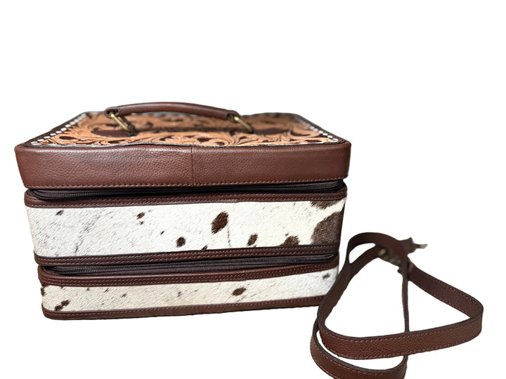 The Double Decker in Chocolate Brown | Large Dark Brown and White Cowhide and Tooled Leather Jewelry Case