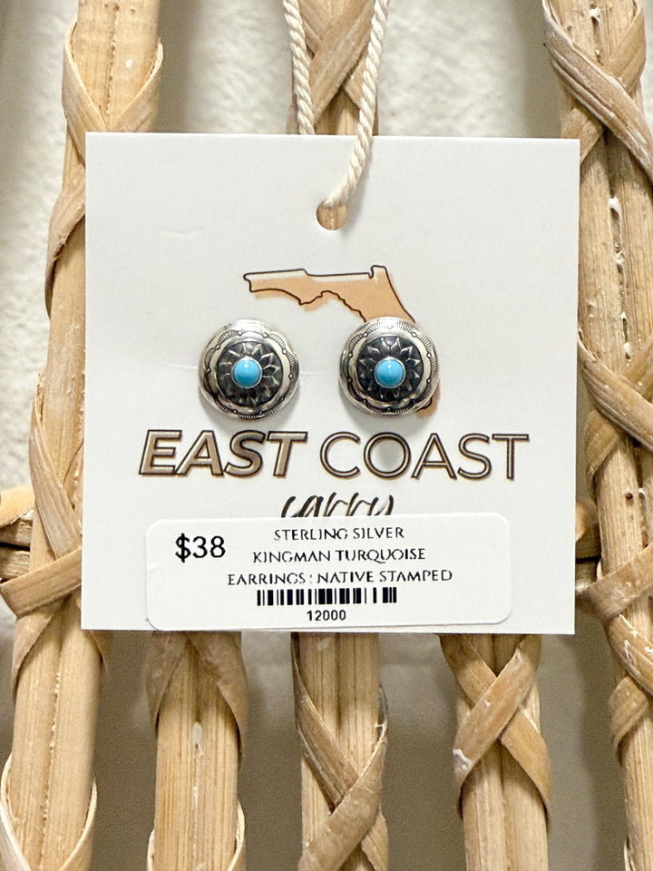 Sterling Silver Native American Handmade Kingman Turquoise Stud Earrings