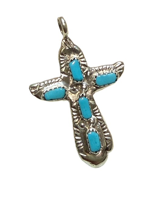 Native American Zuni handmade signed Sterling Silver & Turquoise Cross Pendant