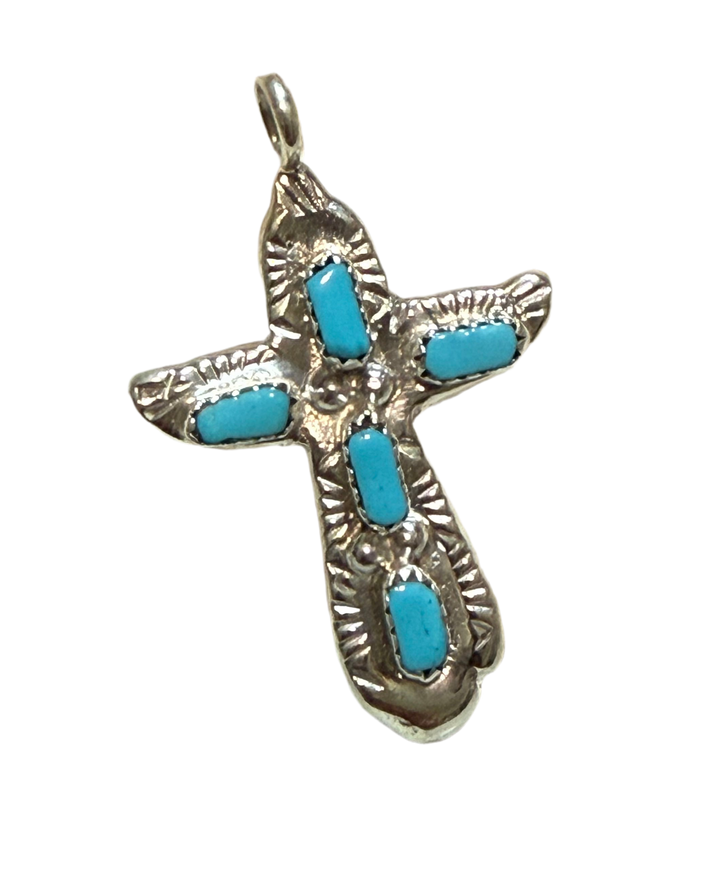 Native American Zuni handmade signed Sterling Silver & Turquoise Cross Pendant