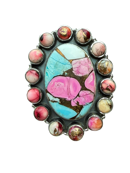Cotton Candy Turquoise & Red Dahlia Sterling Silver Adjustable Ring