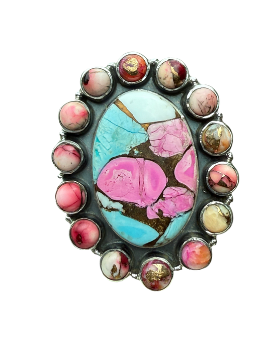 Cotton Candy Turquoise & Red Dahlia Sterling Silver Adjustable Ring