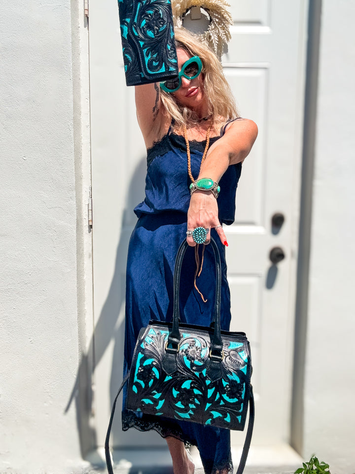 Black Ties & Blue Collars | Structured Tooled Leather Bag + Matching Clutch Set