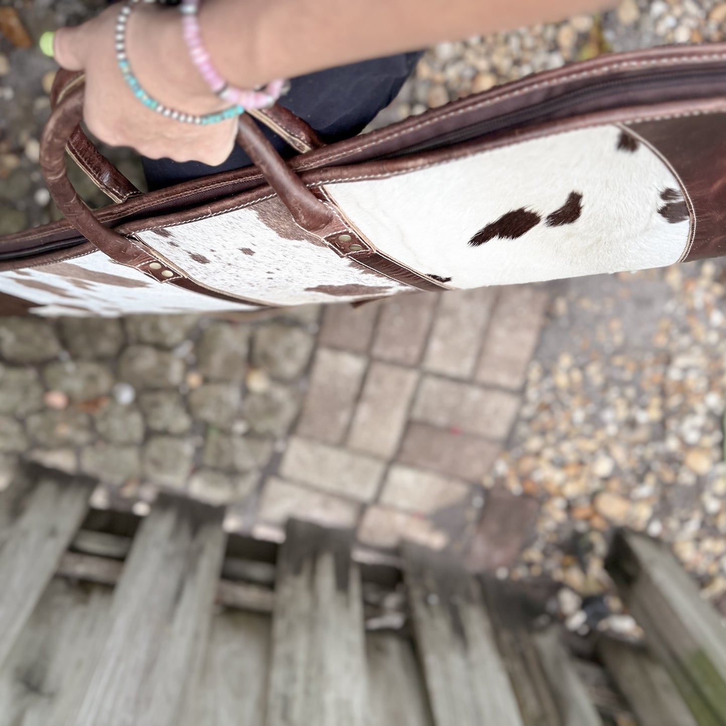 Custom Hair on Cowhide and Dark Brown Leather Padded Protective Western Rifle Case with Strap and Handles