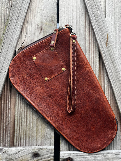 Tooled leather and cowhide zipper handgun case