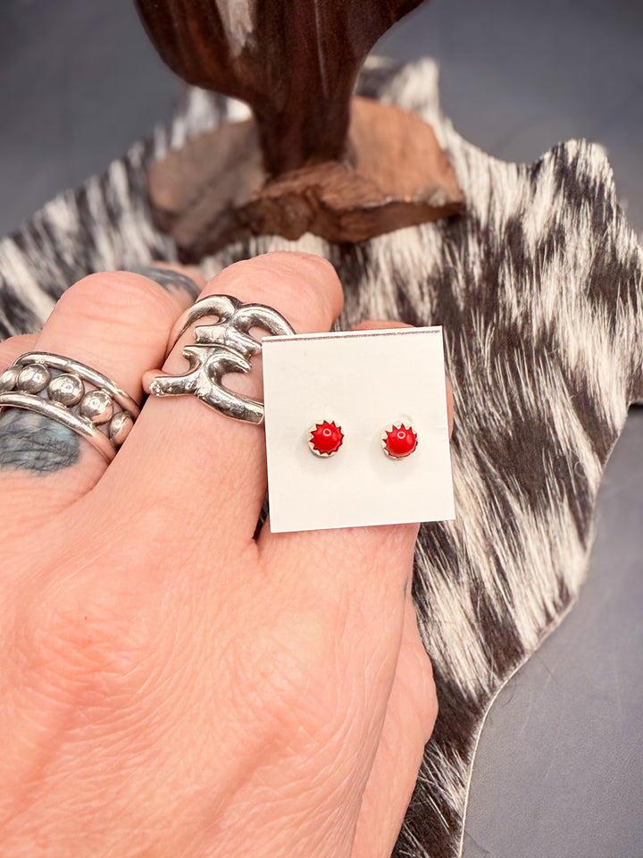 Tiny Coral Stud Earrings | Handmade Navajo Sterling Silver Earrings | Genuine Coral | Linda Yazzie