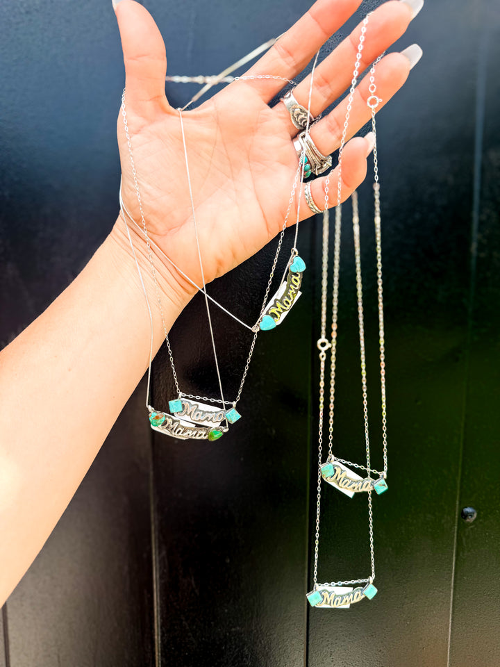 Navajo Handmade Sterling Silver Kingman Turquoise Mama Necklace | Signed by Charlene Yazzie | Choose Your Style