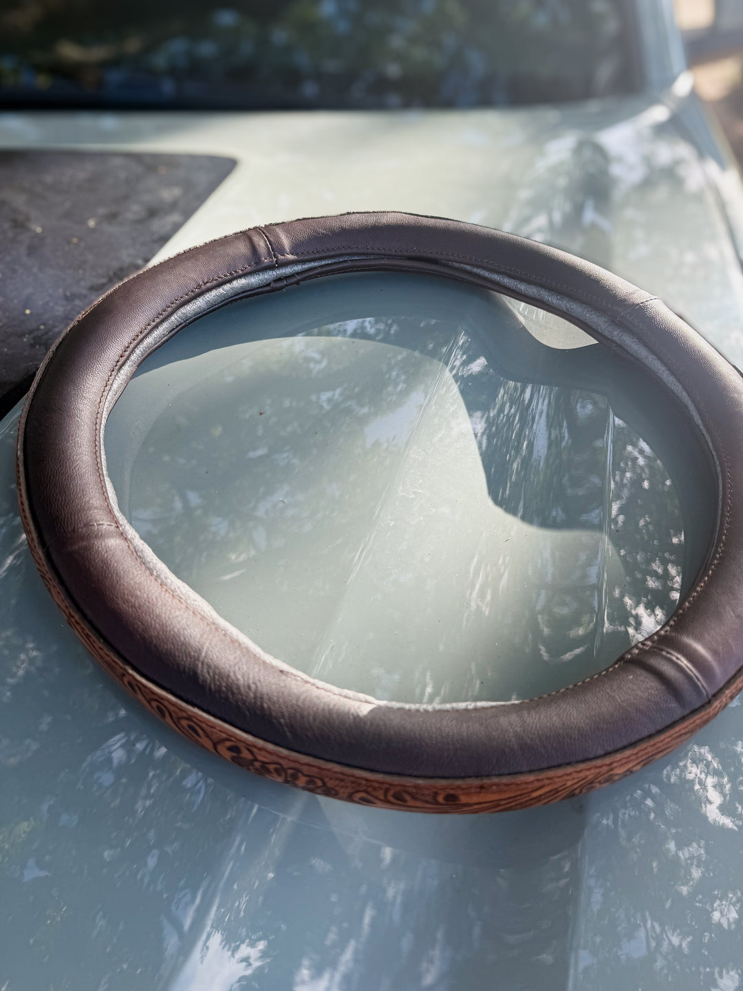 The Coffee Run Steering Wheel Cover | Tooled Leather Western Steering Wheel Cover 14.5”