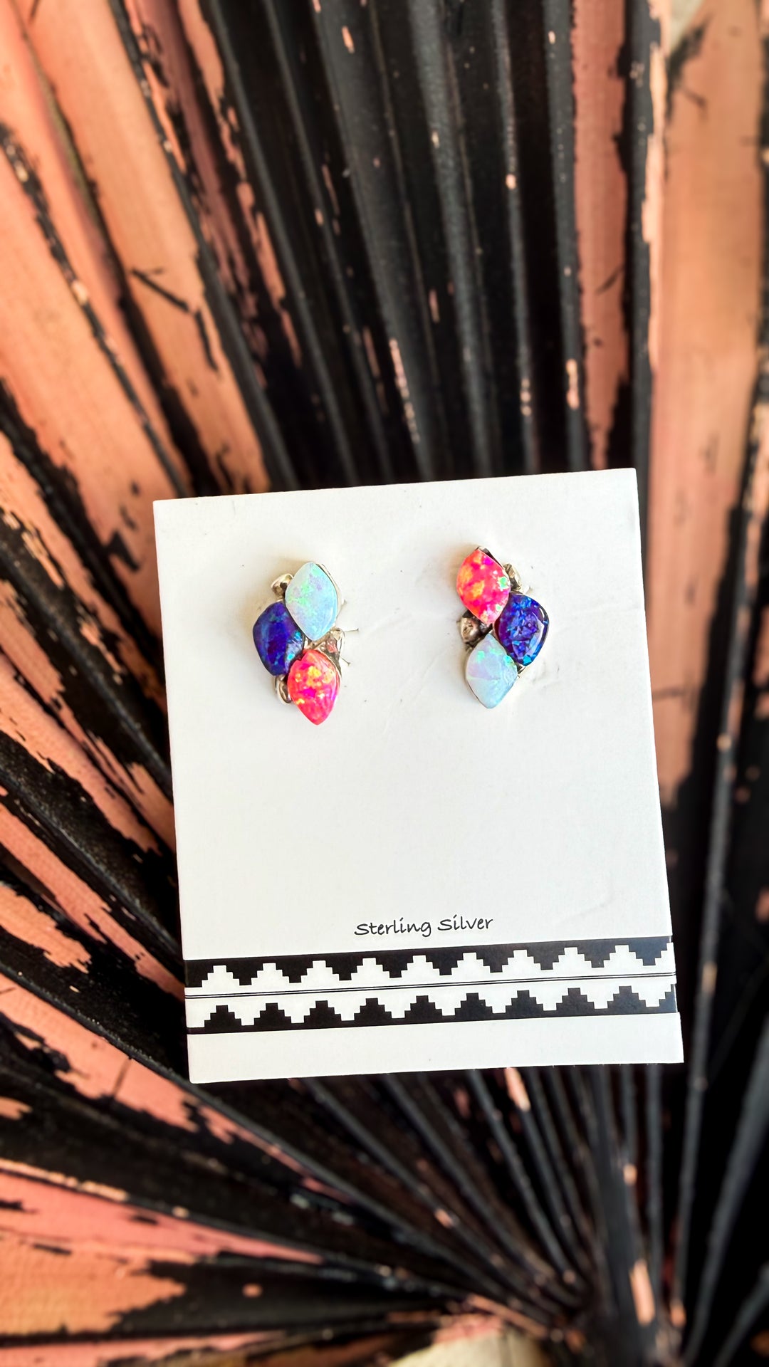 Charlotte Natewa Navajo handmade sterling silver stud earrings with pink purple and blue lab-created opal stones