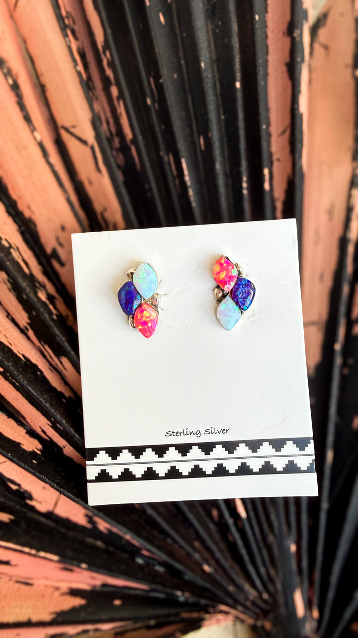 Charlotte Natewa Navajo handmade sterling silver stud earrings with pink purple and blue lab-created opal stones