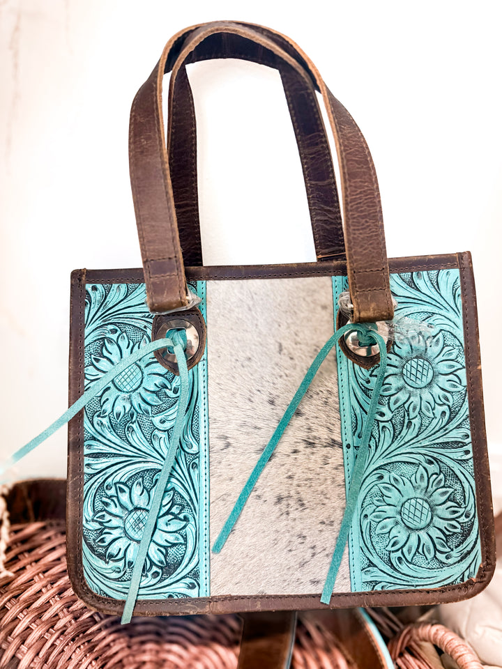 The Little Boss | Turquoise Tooled Cowhide Mini Carry Bag