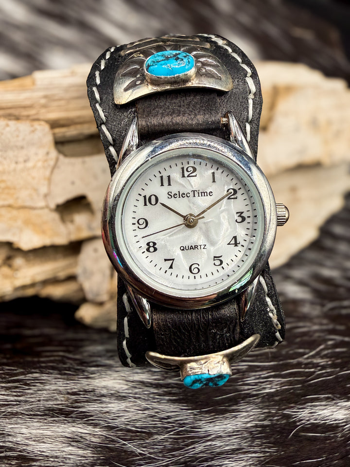 Navajo Kingman Turquoise Sterling Silver & Leather Cuff Watch
