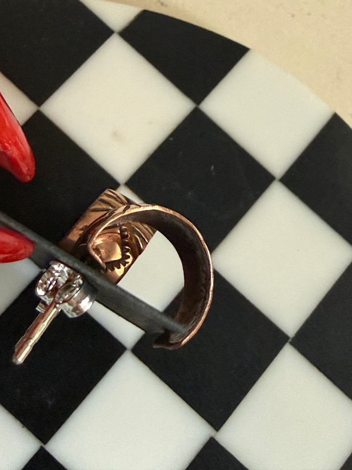 Navajo Handmade Copper Huggie Earrings | Sterling Silver Post Half Hoops