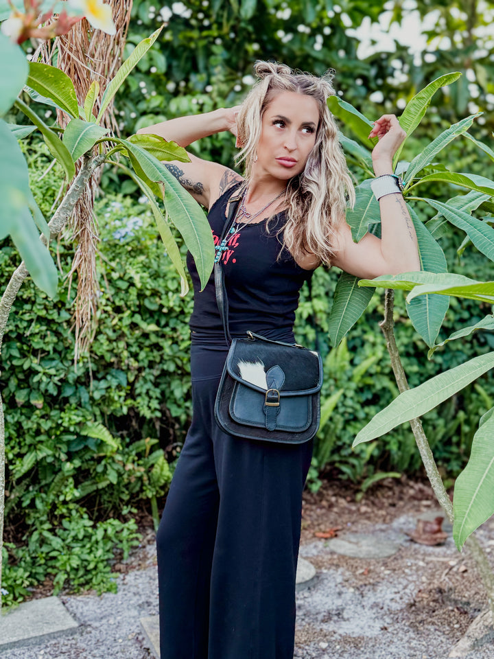 Midnight Rider | Sleek Black Leather & Black/White Cowhide Crossbody