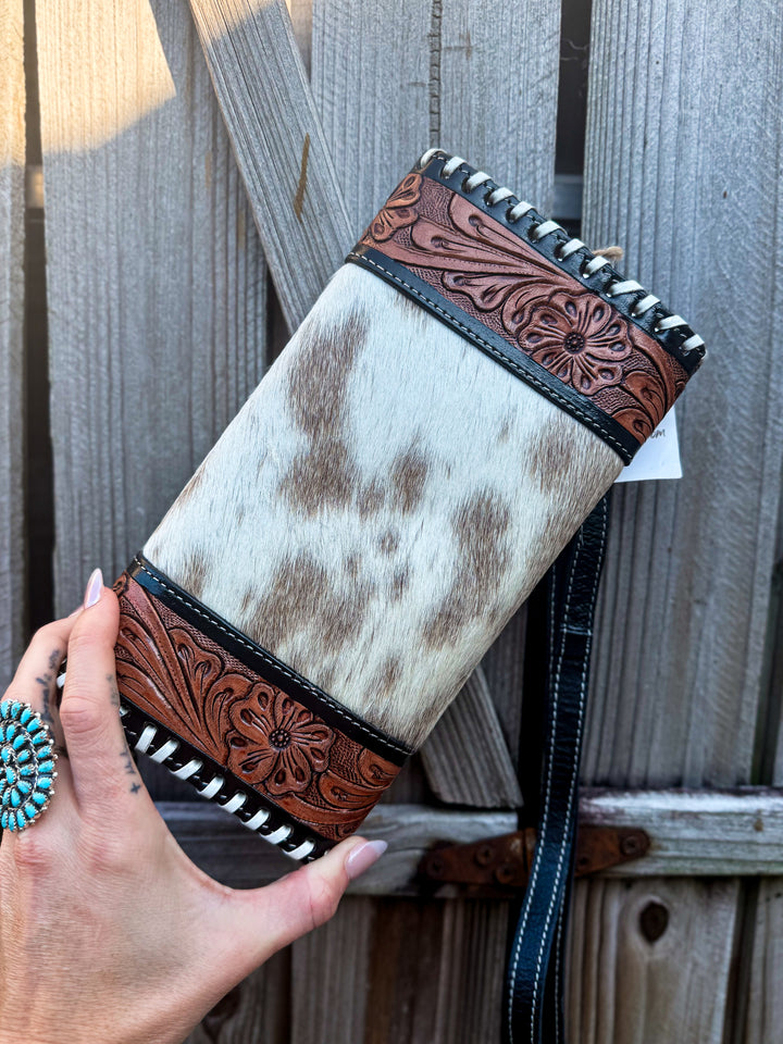 Concho and Caviar Clutch | Womens Western Cowhide and Tooled Leather Clutch with Strap
