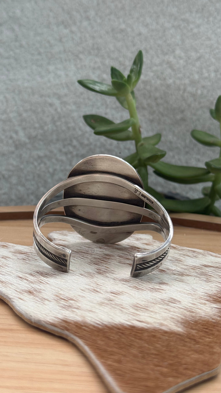 Native American Sterling Silver Tooled Leather Rose Cuff Bracelet | Signed LD | Handmade Floral 6” Western Cuff