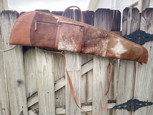 Custom Hair on Cowhide and Caramel Brown (2) Leather Padded Protective Western Rifle Case with Strap and Handles