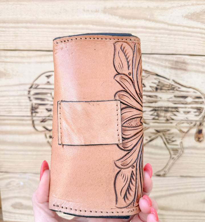 Tooled leather utility glasses case with belt loop and western floral tooling