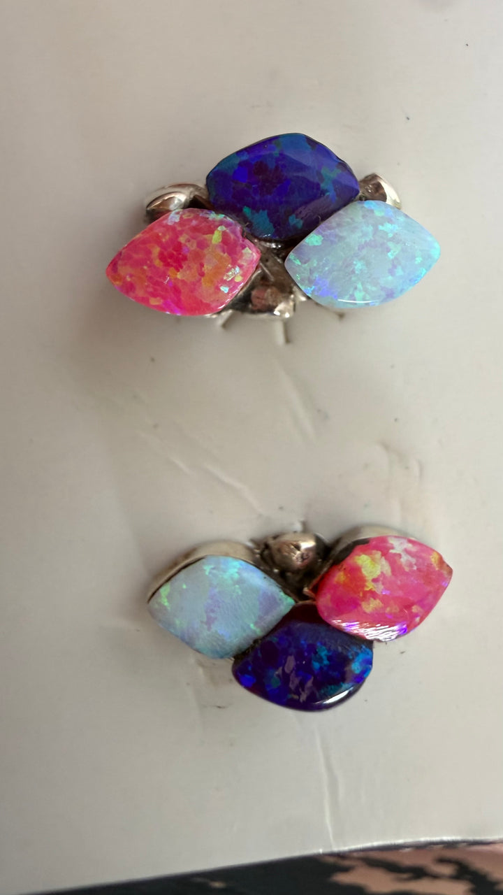 Charlotte Natewa Navajo Lab Opal Sterling Silver Stud Earrings