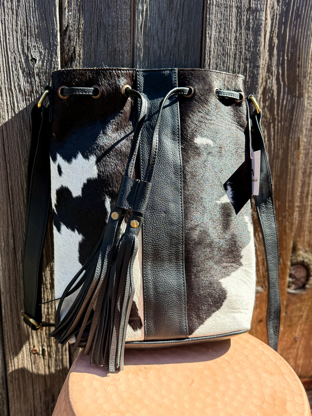 The Bucket | Cowhide and Leather Bucket Drawstring Crossbody Purse : Tan or Black