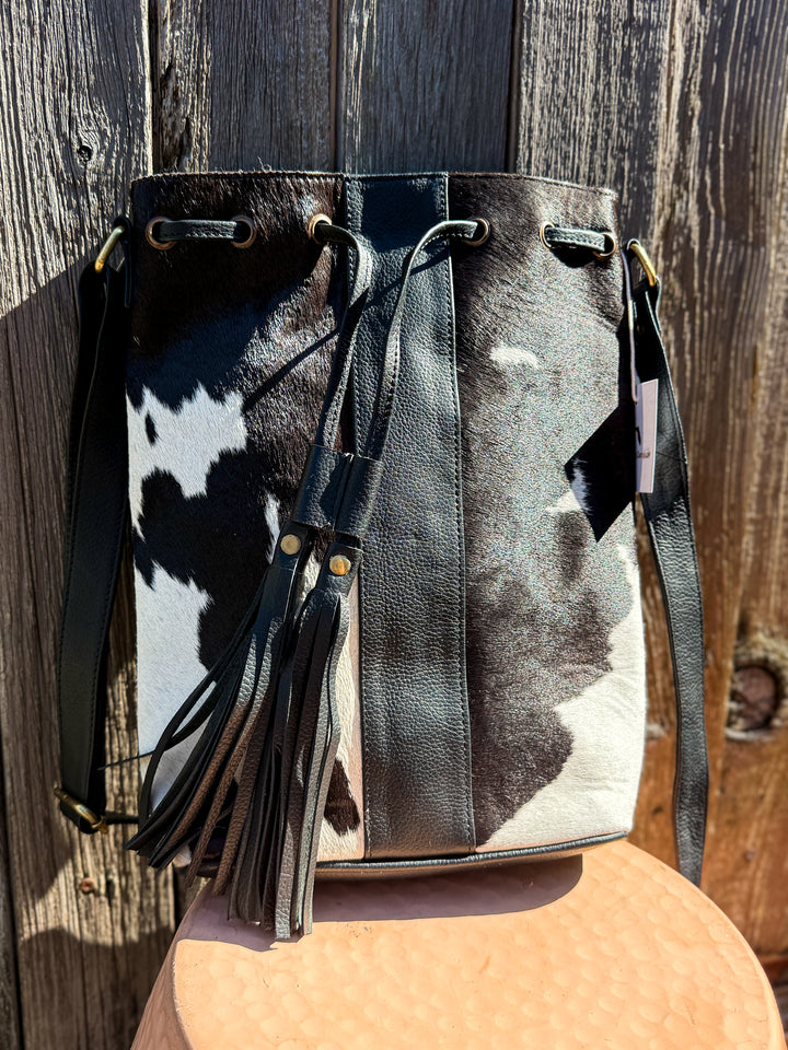 The Bucket | Cowhide and Leather Bucket Drawstring Crossbody Purse : Tan or Black