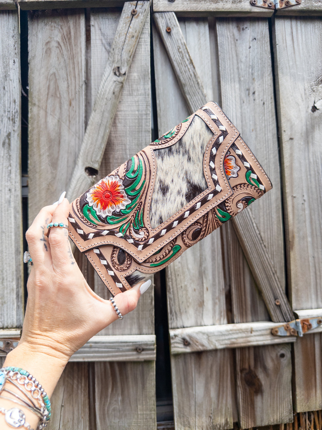 Hibiscus Hide — Hand tooled Leather and Cowhide Floral design hand painted Western chic wallet