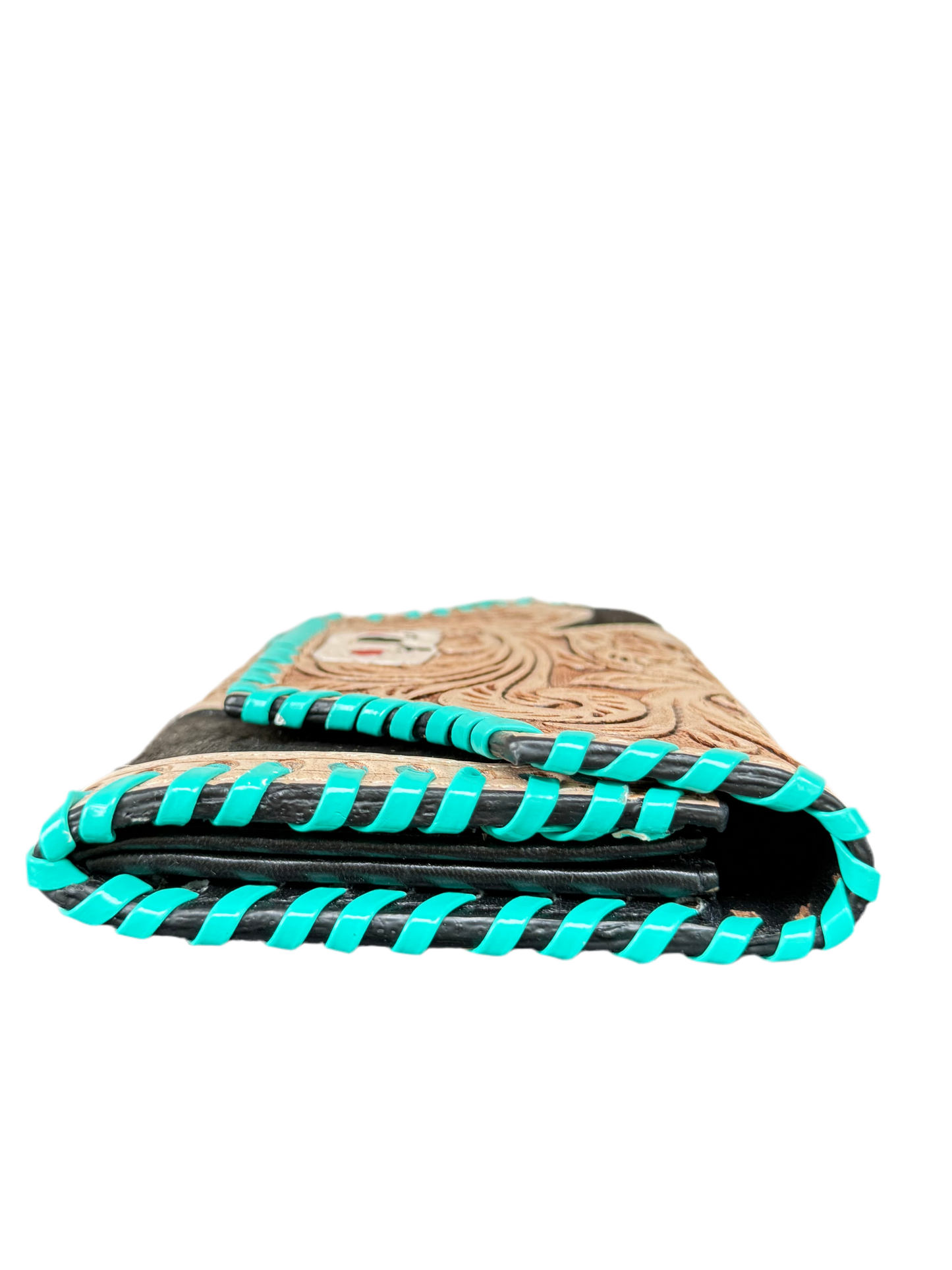 Hide and Ace : Tooled Leather and Cowhide Aces Card Design Turquoise Stiched Wallet