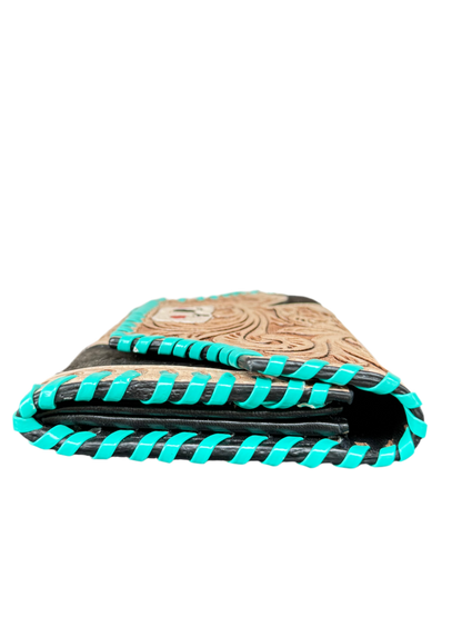Hide and Ace : Tooled Leather and Cowhide Aces Card Design Turquoise Stiched Wallet