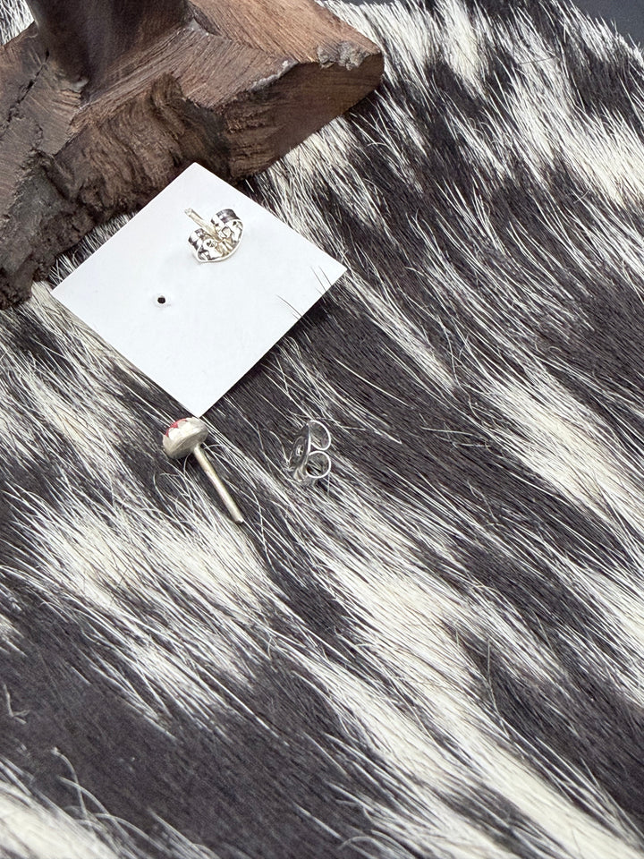 Tiny Coral Stud Earrings | Handmade Navajo Sterling Silver Earrings | Genuine Coral | Linda Yazzie