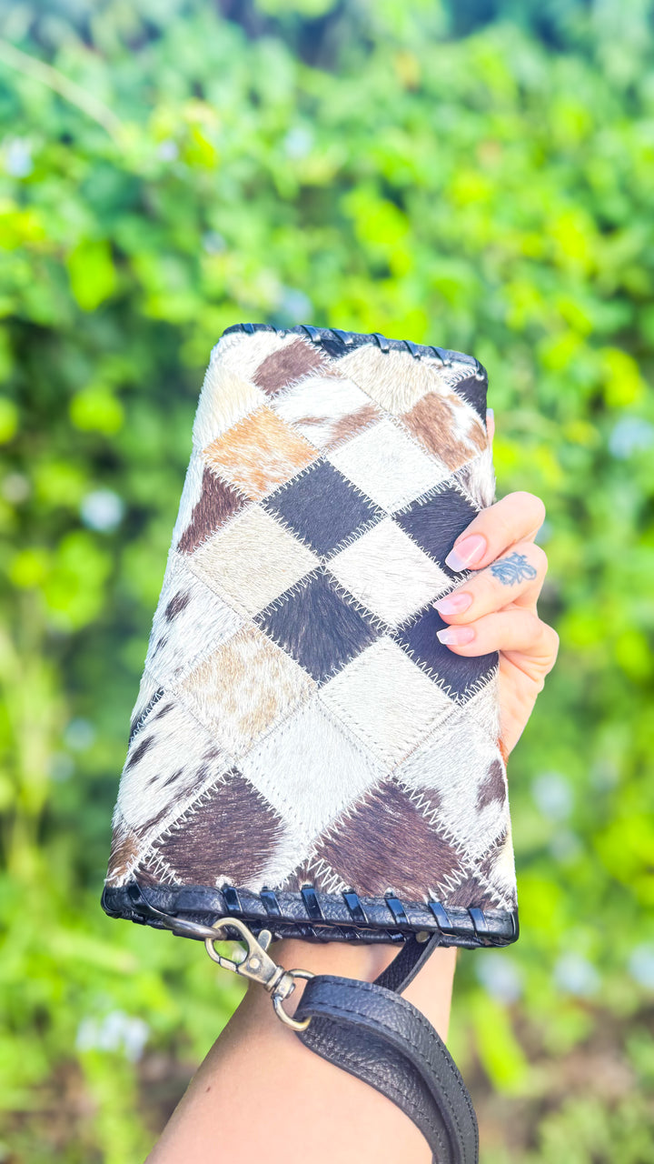 Check Her Out | Cowhide Patchwork Leather Clutch Crossbody & Wallet Organizer