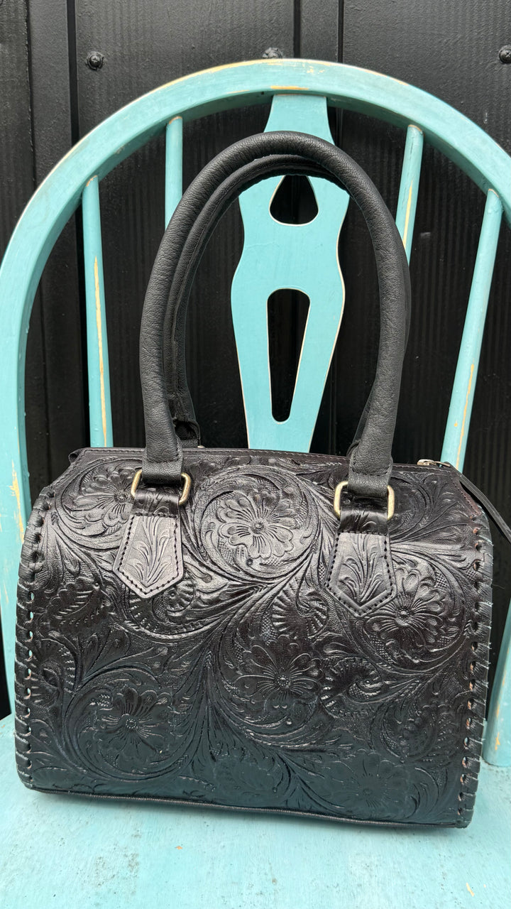 The Sonoran Heirloom Speedy Satchel | Tooled Leather Black Convertible Handbag