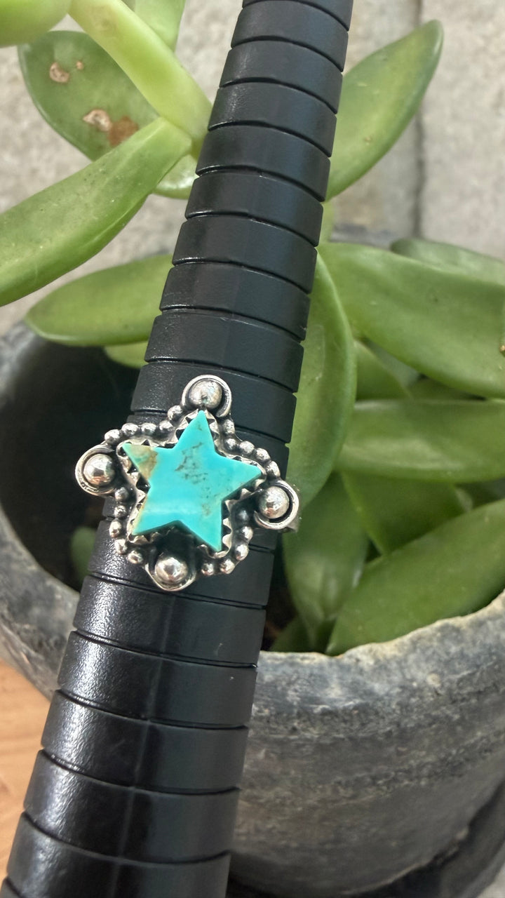 Sterling Silver Kingman Turquoise Star Ring | Adjustable Size 6–9 | Western Statement Ring