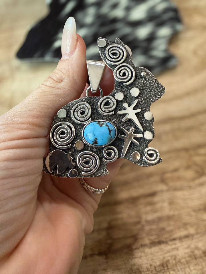 Alex Sanchez Navajo Golden Hills Turquoise Sterling Silver Rabbit Pendant