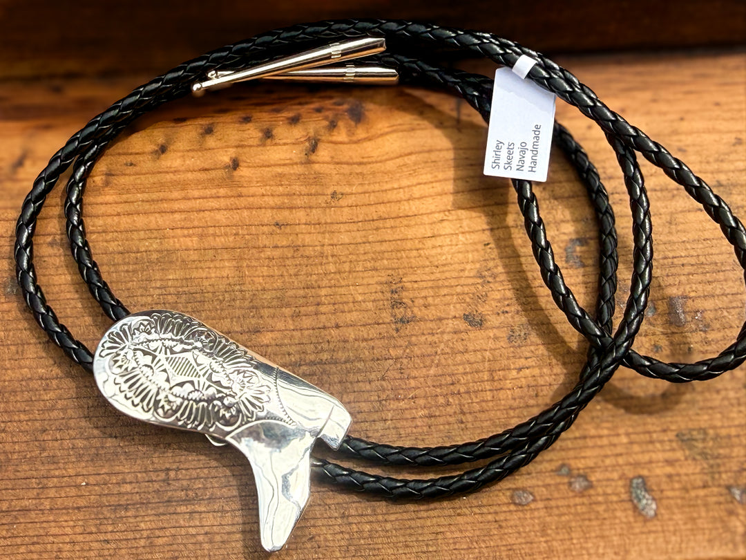 Navajo Handmade Sterling Silver Cowboy Boot Bolo Tie – Western Leather Cord Statement Tie