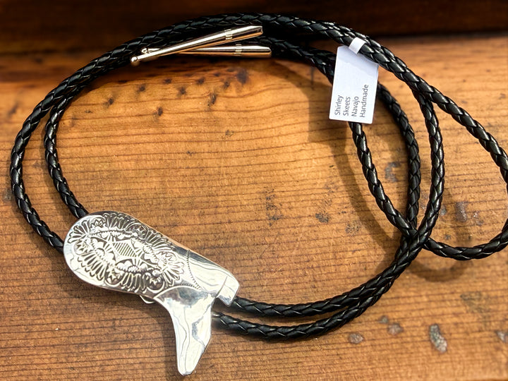 Navajo Handmade Sterling Silver Cowboy Boot Bolo Tie – Western Leather Cord Statement Tie