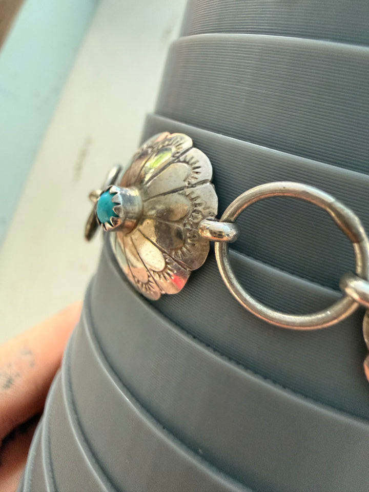 Estate Sterling Silver & Turquoise Concho Link Bracelet