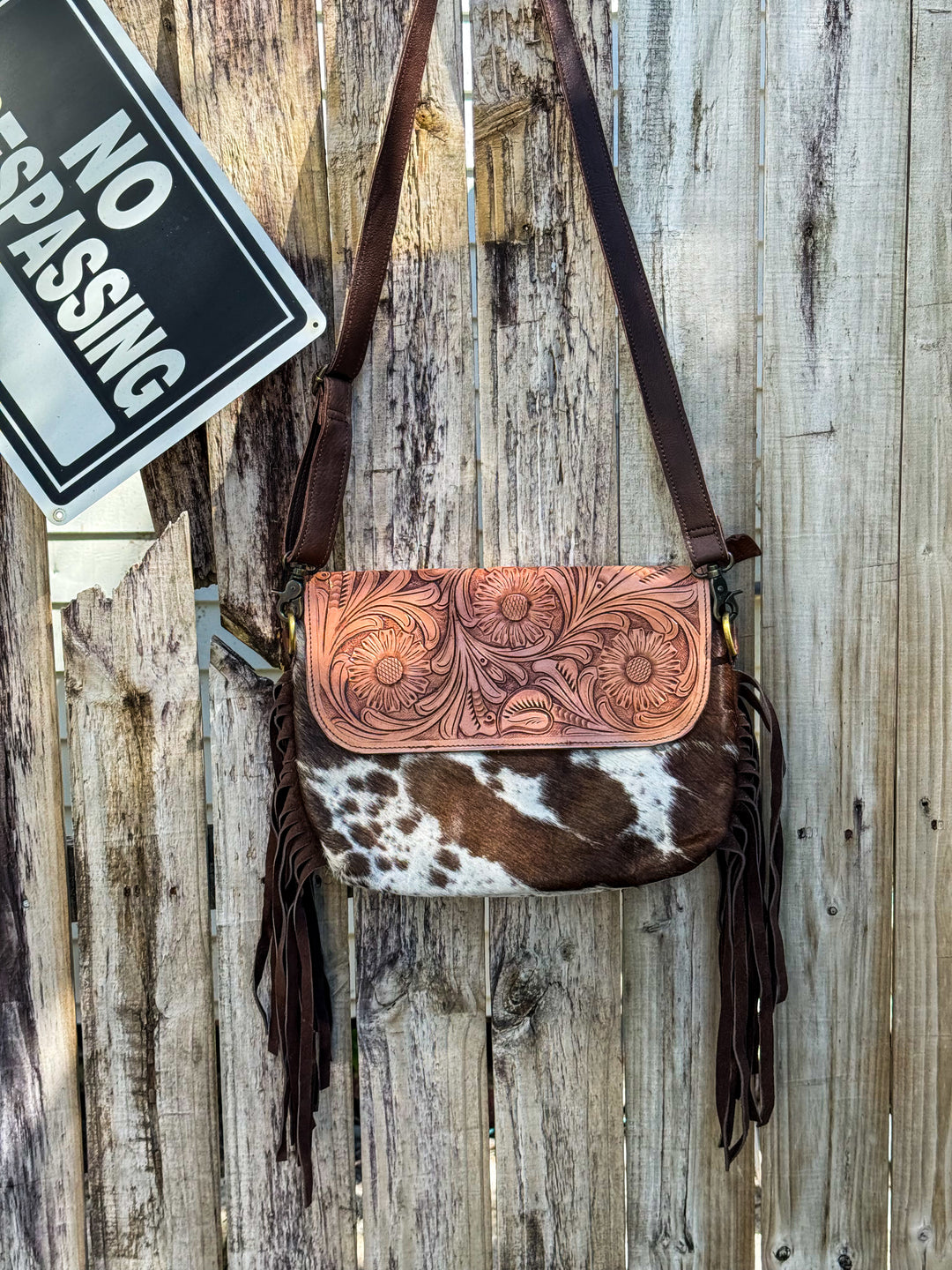 Grit & Grace | Hand Tooled Leather Cowhide and Brown Fringe Crossbody