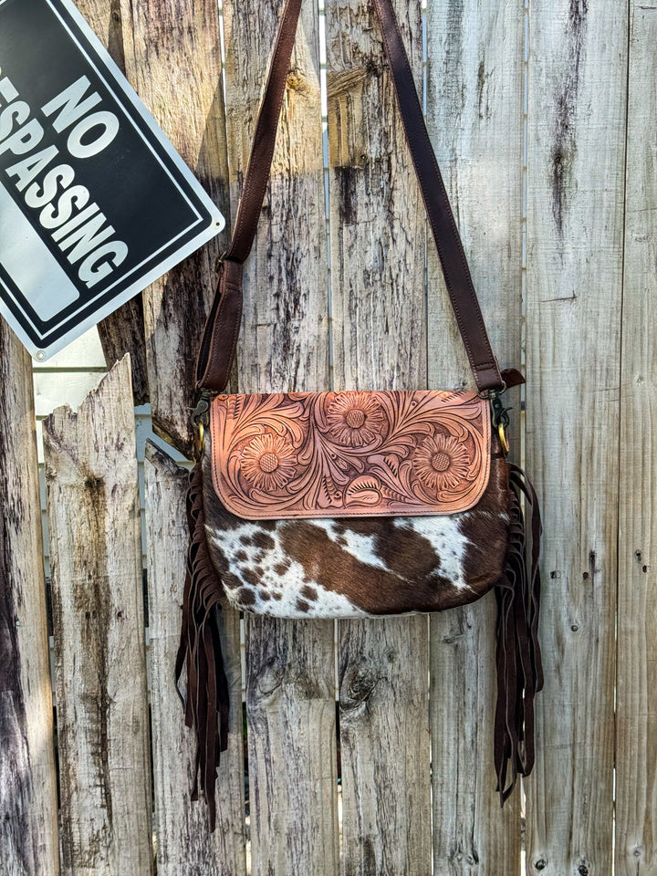 Grit & Grace | Hand Tooled Leather Cowhide and Brown Fringe Crossbody