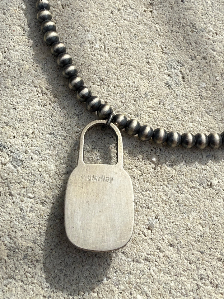 Desert Pearl Locket | Sterling Silver 4mm Desert Pearls with Sterling Spiny, Dahlia & Turquoise Locket Pendant 18”