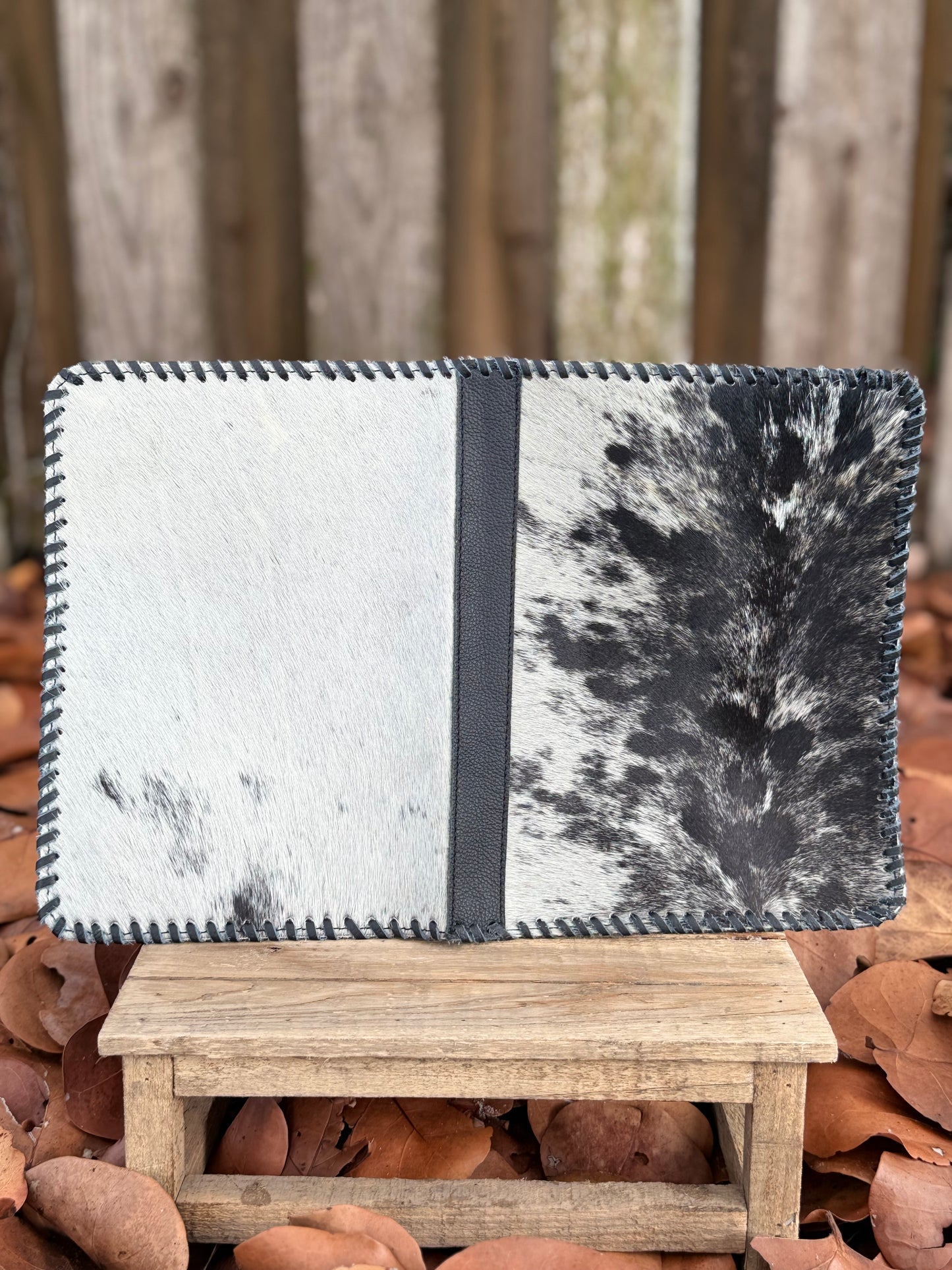 Black Leather & Cowhide Bible Cover – Handmade Western Book Sleeve for Large Bibles & Journals