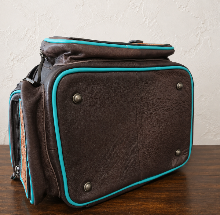 The Lunch Money | Tooled Leather Insulated Lunch Box & Cooler Bag – Brown + Turquoise